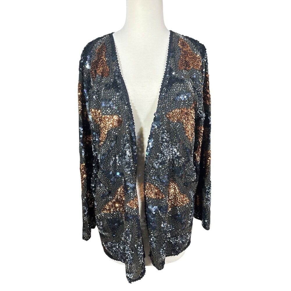 Vintage Odyssey Collection Sequined Blazer Jacket Black Gold Throwing Stars Sz L
